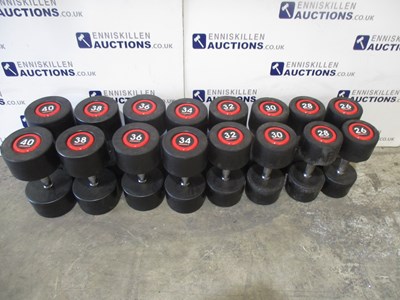 Lot 10 - ESCAPE RUBBER COVERED DUMBBELLS - 2X40KG, 2X38KG, 2X36KG, 2X34KG, 2X32KG, 2X30KG, 2X28KG, 2X26KG