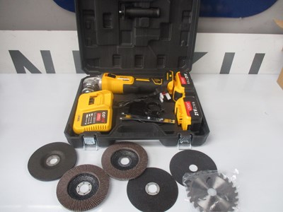 Lot 48 - NEW CORDLESS POWER ANGLE GRINDER WITH X2 BATTERIES, CHARGER, BLADES AND WRENCH