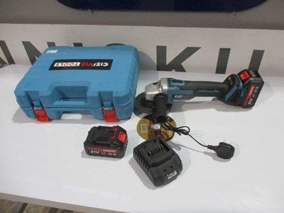 Lot NEW 125MM ANGLE GRINDER WITH X2 BATTERIES, CHARGER AND BLADES