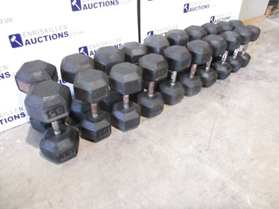 Lot 54 - RUBBER COVERED HEX DUMBBELLS - 2X35KG, 4X30KG, 2X28KG, 2X27.5KG, 2X26KG, 2X25KG, 2X22.5KG, 2X20KG, 2X17.5KG