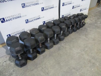 Lot 9 - RUBBER COVERED HEX DUMBELLS - 2X32.5KG, 4X30KG, 2X27.5KG, 2X25KG, 2X22.5KG, 2X20KG, 2X17.5KG, 2X15KG, 2X12.5KG, 2X10KG, 2X8KG